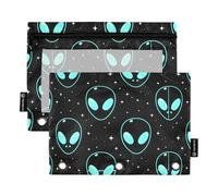 ZOEO Pencil Pouch for 3 Ring Binder, Blue Aliens Large Pencil Case Clear Window Pen Bag, Zipper Binder Pouch Accessories for Office School Supplies, 2 Pack