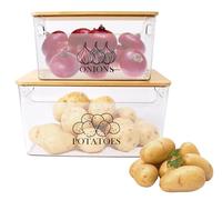 ZoeQide Potato Holder in Clear Acrylic, Set of 2 Potato and Onion Containers, Stackable Potato Onion Holder with Bamboo Wood Lid, for Potatoes, Fruits and Vegetables in for the Kitchen