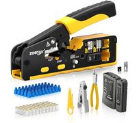 ZOERAX Cat7 Cat6 Cat5 Pass Through Ethernet Crimping Tool Kit, Network Crimping Tool Repair Kit With Cable Tester, Wire Cutters, Stripper, 50pcs Cat6 Pass Through Connectors, Strain Relief Boots
