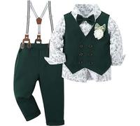ZOEREA Baby Boy Gentleman Outfits Clothes Sets Infant Wedding Long Sleeve Formal Dress Shirt + Bowtie + Vest + Boutonniere + Suspender Pants Style 2 Green,3-4 Years