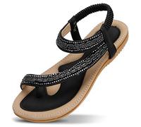 ZOEREA Womens Flat Sandals Summer Rhinestones Flower Beach Flip Flops Ladies Thongs Elastic T-Strap Bohemian Shoes Fit Casual Vacation F-Black,3.5 UK