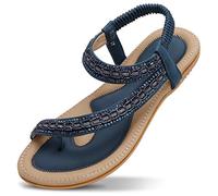 ZOEREA Womens Flat Sandals Summer Rhinestones Flower Beach Flip Flops Ladies Thongs Elastic T-Strap Bohemian Shoes Fit Casual Vacation F-Dark blue,9 UK