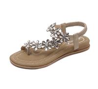 ZOEREA Womens Flat Sandals Summer Rhinestones Flower Beach Flip Flops Ladies Thongs Elastic T-Strap Bohemian Shoes Fit Casual Vacation B-Beige,4 UK