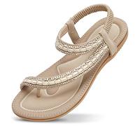 ZOEREA Womens Flat Sandals Summer Rhinestones Flower Beach Flip Flops Ladies Thongs Elastic T-Strap Bohemian Shoes Fit Casual Vacation F-Beige,9 UK