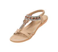 ZOEREA Womens Flat Sandals Summer Rhinestones Flower Flip Flops Ladies Elastic T-Strap Bohemian Shoes Fit Vacation D-Beige,3.5 UK