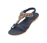 ZOEREA Womens Flat Sandals Summer Rhinestones Flower Flip Flops Ladies Elastic T-Strap Bohemian Shoes Fit Vacation D-Navy Blue,8.5 UK