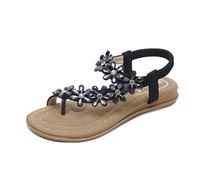 ZOEREA Womens Flat Sandals Summer Rhinestones Flower Flip Flops Ladies Thongs Elastic T-Strap Bohemian Shoes Fit Vacation B-Black,6 UK