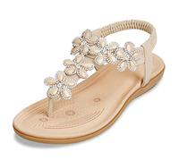 ZOEREA Women's Flat Sandals, T-Strap Rhinestone Flower Bead Sandals, Ladies Summer Folk Boho Clip Toe Flip Flops Shoes, Apricot 3, 8.5 UK