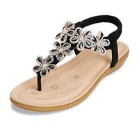ZOEREA Women's Flat Sandals, T-Strap Rhinestone Flower Bead Sandals, Ladies Summer Folk Boho Clip Toe Flip Flops Shoes, Black 3, 7 UK