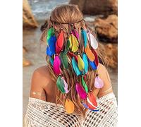 Zoestar Boho Feather Headband Rainbow Headpiece Beads Hippie Indian Hair Band Pride Festival Hair Accessories for Women and Girls