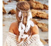 Zoestar Boho Feather Headband White Pearl Tssel Headbands Tribal Feathers Headpiece Hippie Headdress Festival Costume Hair Accessories for Women