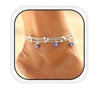 Zoestar Boho Layered Anklet Silver Evil Eye Ankle Bracelets Fashion Beach Foot Chain Jewelry Vintage Beaded Barefoot Sandals for Women and Girls