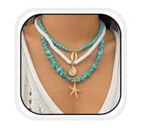 Zoestar Boho Turquoise Necklace Gold Layered Starfish Pendant Necklaces Beaded Seashell Beach Necklace Chain for Women