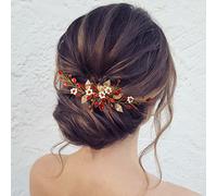 Zoestar Bride Wedding Hair Combs Red Flower Pearl Headpiece Bridal Crystal Leaf Hair Accessories for Women and Girls