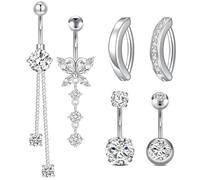 ZoeWei Belly Button Bars, 6PCS Clip on Belly Button Piercing, Dangle Surgical Steel Hypoallergenic Belly-Ring for Women Girls