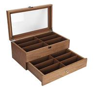 Zoeyilan 12 Slots Wooden Sunglasses Organizer, 2 Layer Multiple Eyeglasses Eyewear Display Case, Retro Glasses Storage Holder Box with Glass Lid and Drawer for Women Men, Walnut