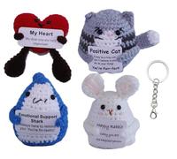 Zoeyirou 4 Pcs Handmade Crochet Animal Plush Set - Emotional Support Heart, Shark, Rabbit & Cat with Inspirational Messages, Cute Home Decor & Positive Gift