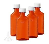 zoeynex 8oz Amber Plastic Medicine Bottles with Child-Resistant Caps (4 Pack) - Leak-Proof, Graduated (oz & ml) - Large Capacity for Home & Pharmacy - Includes Funnel