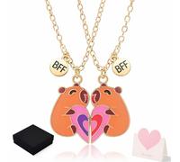ZoeyShine 2PCS Charming Capybara Heart Necklaces for Girls Best Friends Matching Set - Orange Pendant with Pink & Purple Hearts, Adjustable Gold-Tone Chain, Engraved Gift for Teens (Capybara B)