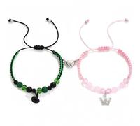 ZoeyShine Adjustable Friendship Bracelet Set with Crown, Hat & Heart Charms, Matching Sliding Knot Cord or Beaded Bracelets, Green Pink Black Jewellery Gift for Women Men Girls Boys, Everyday Wear