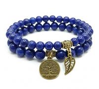 ZoeyShine Ocean Blue Boho Beaded Bracelet for Women - Handmade Elastic Polished Bead Bracelet with Tree of Life and Leaf Charms, Elegant Layered Jewellery Gift for Ladies, Friends or Birthday
