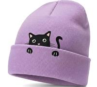 ZoeyShine Soft Ribbed Knit Beanie with Lavender Folded Cuff and Embroidered Black Cat Design - Universal Fit Cozy Stretchy Hat for Cooler Weather Casual Wear Outdoor Activities Gift for Cat Lovers