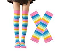 ZoeyShine Striped Thigh High Socks and Gloves Set for Girls - Soft, Comfortable, and Stylish Hosiery for Daily Wear, Cosplay, and Party Looks (Colorful)