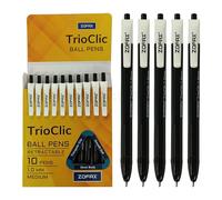 ZOFAX TrioClic Retractable Ballpoint Pens, BLACK, Medium Point (1.0mm), Pack of 10, Smooth Writing, Triangular Grip, Multi Pack, Perfect for School Office Home Business Hospital Everyday Use