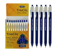 ZOFAX TrioClic Retractable Ballpoint Pens, BLUE, Medium Point (1.0mm), Pack of 10, Smooth Writing, Triangular Grip, Multi Pack, Perfect for School Office Home Business Hospital Everyday Use