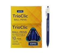 ZOFAX TrioClic Retractable Ballpoint Pens, BLUE, Medium Point (1.0mm), Pack of 20, Smooth Writing, Triangular Grip, Bulk Pack, Perfect for School Office Home Business Hospital Everyday Use