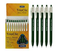 ZOFAX TrioClic Retractable Ballpoint Pens, GREEN, Medium Point (1.0mm), Pack of 10, Smooth Writing, Triangular Grip, Multi Pack, Perfect for School Office Home Business Hospital Everyday Use