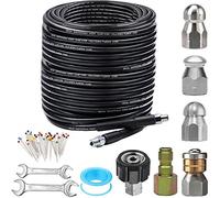 ZOFINE Sewer Jetter Kit for Pressure Washer 150FT, Newest 5800PSI Drain Cleaner Hose 1/4 Inch NPT Corner, Rotating and Button Nose Sewer Jetting Nozzle Pearl Corsage Pin Waterproof Tape with 2 Spanner