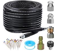 ZOFINE Sewer Jetter Kit for Pressure Washer 50FT, Newest 5800PSI Drain Cleaner Hose 1/4 Inch NPT Corner, Rotating and Button Nose Sewer Jetting Nozzle Pearl Corsage Pin Waterproof Tape