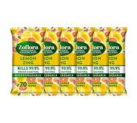 Zoflora Lemon Zing Large Biodegradeable Wipes, Antibacterial Cleaning, 6 x 70 Wipes Pack, Multi-Surface Disinfectant, Removes Odours & Kills 99.9% of Bacteria & Viruses