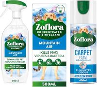 Zoflora Mountain Air Concentrated Multipurpose Disinfectant Liquid, Antibacterial & Multi-Surface 500ml - Trigger Spray 800ml - Carpet Foam 400ml