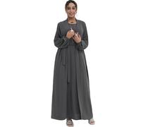 Zofocy Elegant Muslim Two-Piece Long Abaya Belted Design, Side Pockets, Islamic Prayer Dress, Women's Eid Clothes, gray, M