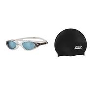 Zoggs Adults Panorama Smoke Tinted Lenses Goggles with UV Protection - Clear & Adult Silicone Swimming Cap with Embossed Non-Slip Inner Surface, Black, One Size