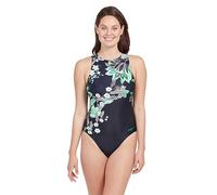 Zoggs Hi Front Swimsuit, High Coverage Swimsuits for Women, Ideal Choice for Training & Long Outdoor Swims, Eco Fabric One Piece, Black/Green, 32-inch/Size 8