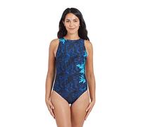Zoggs Hi Front Women One Piece Swimsuit, Shelf Bra, Black-Blue, 32