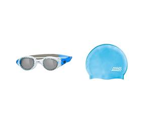 Zoggs Unisex's Phoenix Swimming Goggles, Clear/Blue/Smoke, One Size & Unisex's Easy-fit Silicone Swimming Cap, Light Blue, One Size