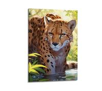 ZOGJIN Animal Poster Illustrated Cheetah In Jungle Stream Poster Modern Wall Art Canvas Aesthetic Decoration Painting 08x12inch(20x30cm) Frame-style