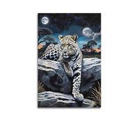 ZOGJIN Animal Poster Leopard On Rock Under Twin Moons Poster Modern Wall Art Canvas Aesthetic Decoration Painting 08x12inch(20x30cm) Unframe-style