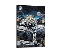 ZOGJIN Animal Poster Leopard On Rock Under Twin Moons Poster Modern Wall Art Canvas Aesthetic Decoration Painting 24x36inch(60x90cm) Frame-style