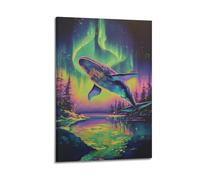 ZOGJIN Animal Poster Neon Whale Under Aurora Poster Modern Wall Art Canvas Aesthetic Decoration Painting 16x24inch(40x60cm) Frame-style