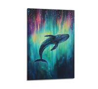 ZOGJIN Animal Poster Vivid Whale Under Aurora Poster Modern Wall Art Canvas Aesthetic Decoration Painting 12x18inch(30x45cm) Frame-style