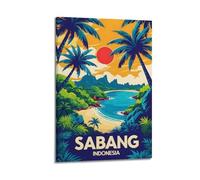 ZOGJIN Travel Poster Sabang Indonesia, Tropical Beach Jungle And Red Sun with Palm Trees.jpg Poster Modern Wall Art Canvas Aesthetic Decoration Painting 12x18inch(30x45cm) Frame-style