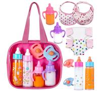 Zogxyc 10 Pcs Baby Doll Accessories Set, Baby Accessories for Dolls | Baby Doll Feeding and Caring Toys Set with Magic Milk Bottle, Dummy, Changing Bag, Bib, Handbag, for Realistic Role Play