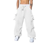 ZOIASW Mens Baggy Cargo Pants Trendy Casual Parachute Pant Loose Fit Harem Joggers with Pockets for Streetwear (White, S)