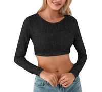 ZOIASW Women Sequin Top Lingerie Sparkly Shirts Long Sleeve Crop Top Ribbed Slim Fitted Glitter Peplum Blouse Clubwear (Black, M)