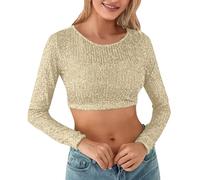 ZOIASW Women Sequin Top Lingerie Sparkly Shirts Long Sleeve Crop Top Ribbed Slim Fitted Glitter Peplum Blouse Clubwear (Beige, L)